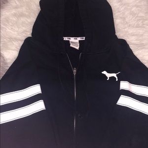💓VS PINK Striped Zip-up Hoodie (Black, XS)